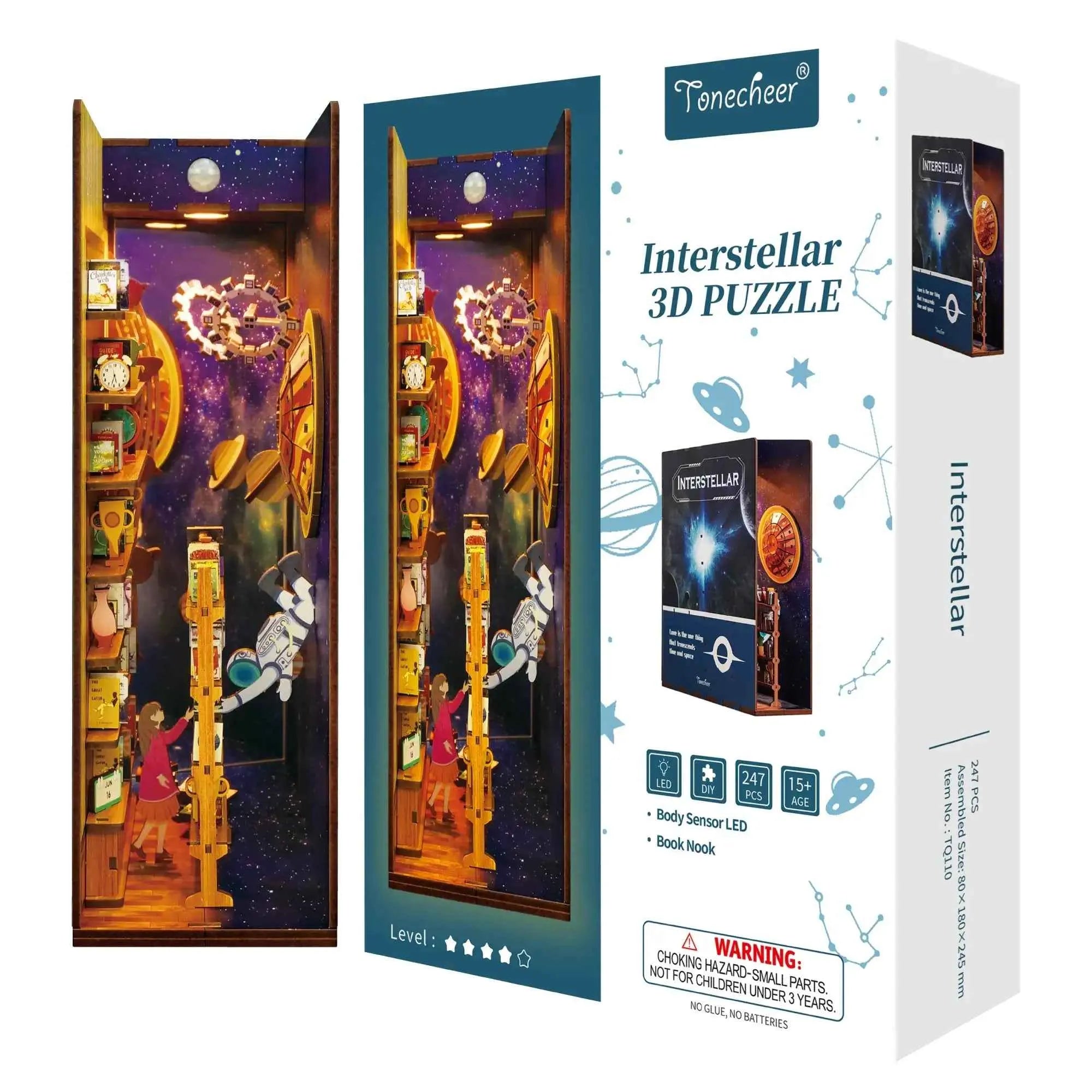 Tonecheer Interstellar Bookend DIY Kit - 3D Wooden Book Nook With Motion Sensor Light, DIY Craft