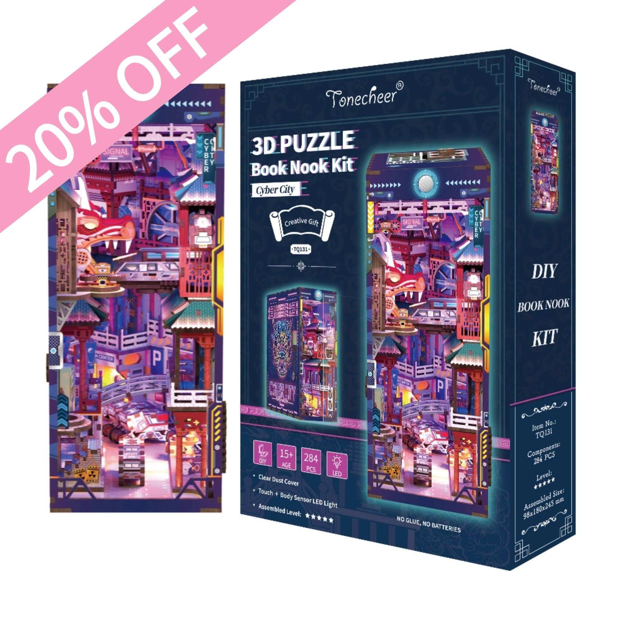 TONECHEER 3D Wooden Puzzle DIY Book Nook Kit (Cyber City
