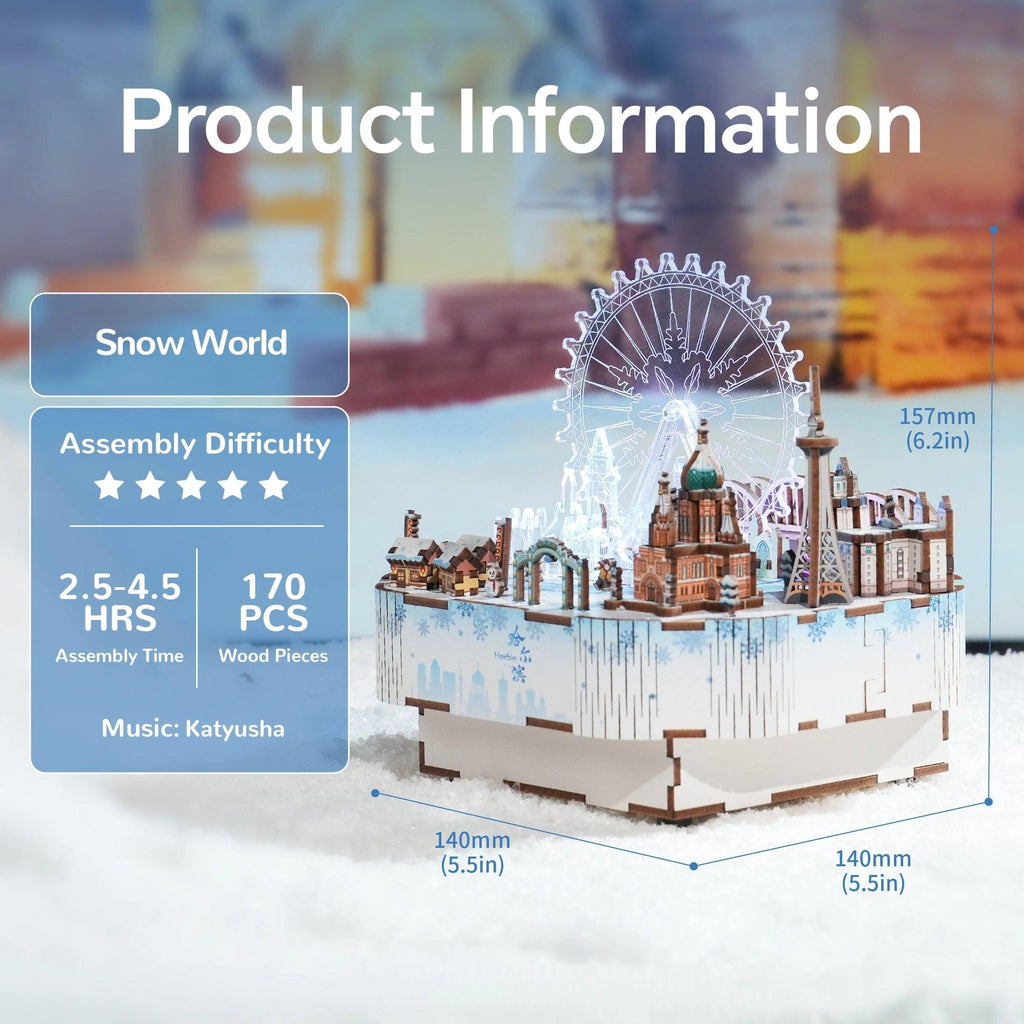 TONECHEER 3D Creative Musical Puzzle DIY Rotating Music Box Kit (Snow World)