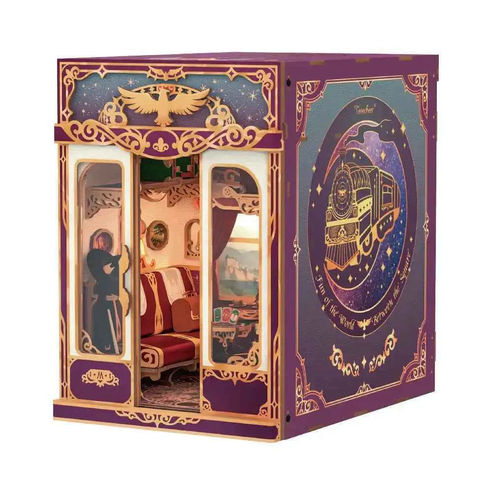 DIY 3D wooden puzzle train book nook kit with intricate purple and gold design