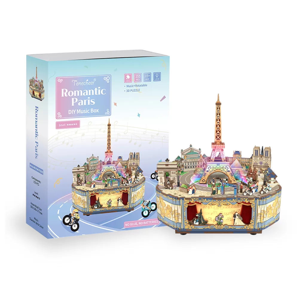 TONECHEER 3D Creative Musical Puzzle DIY Rotating Music Box Kit (Romantic Paris)