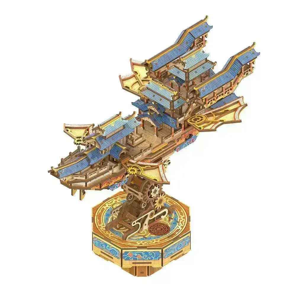 DIY 3D wooden puzzle of a traditional Chinese-style pagoda with blue tiled roofs and intricate gears