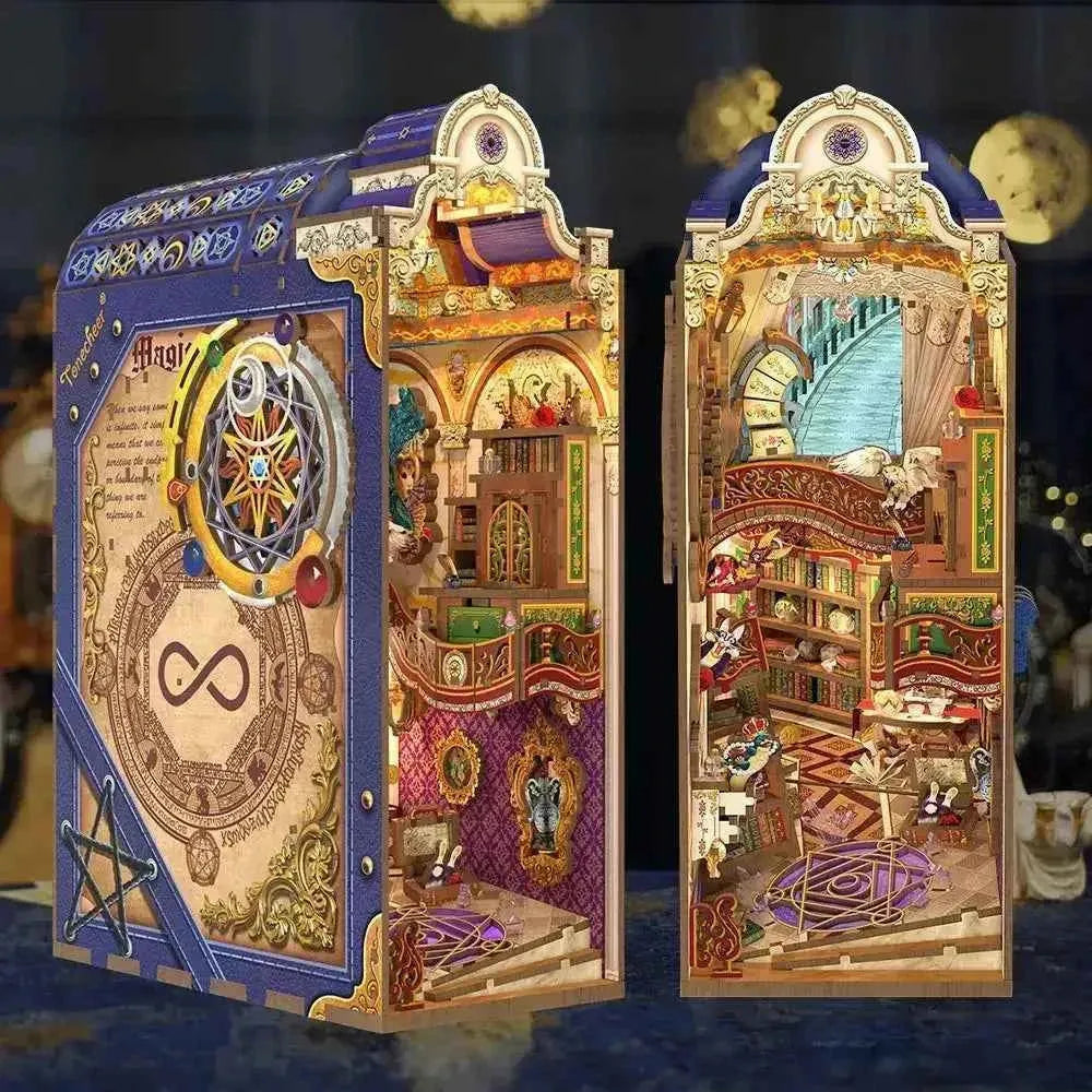 Magical DIY 3D wooden puzzle book nook kit with enchanted library interior and mystical symbols