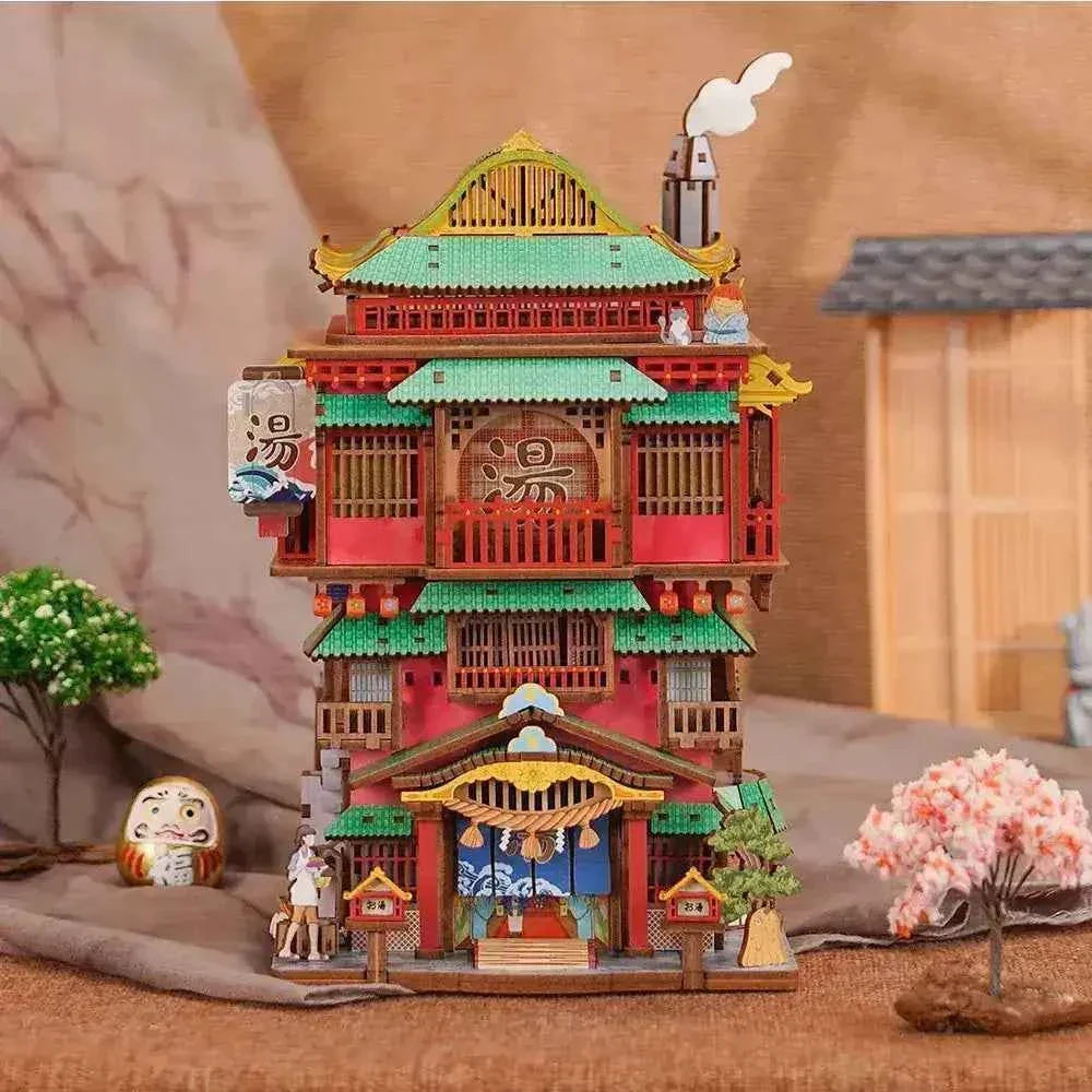 DIY 3D wooden puzzle of a Japanese onsen building with cherry blossoms and traditional decor