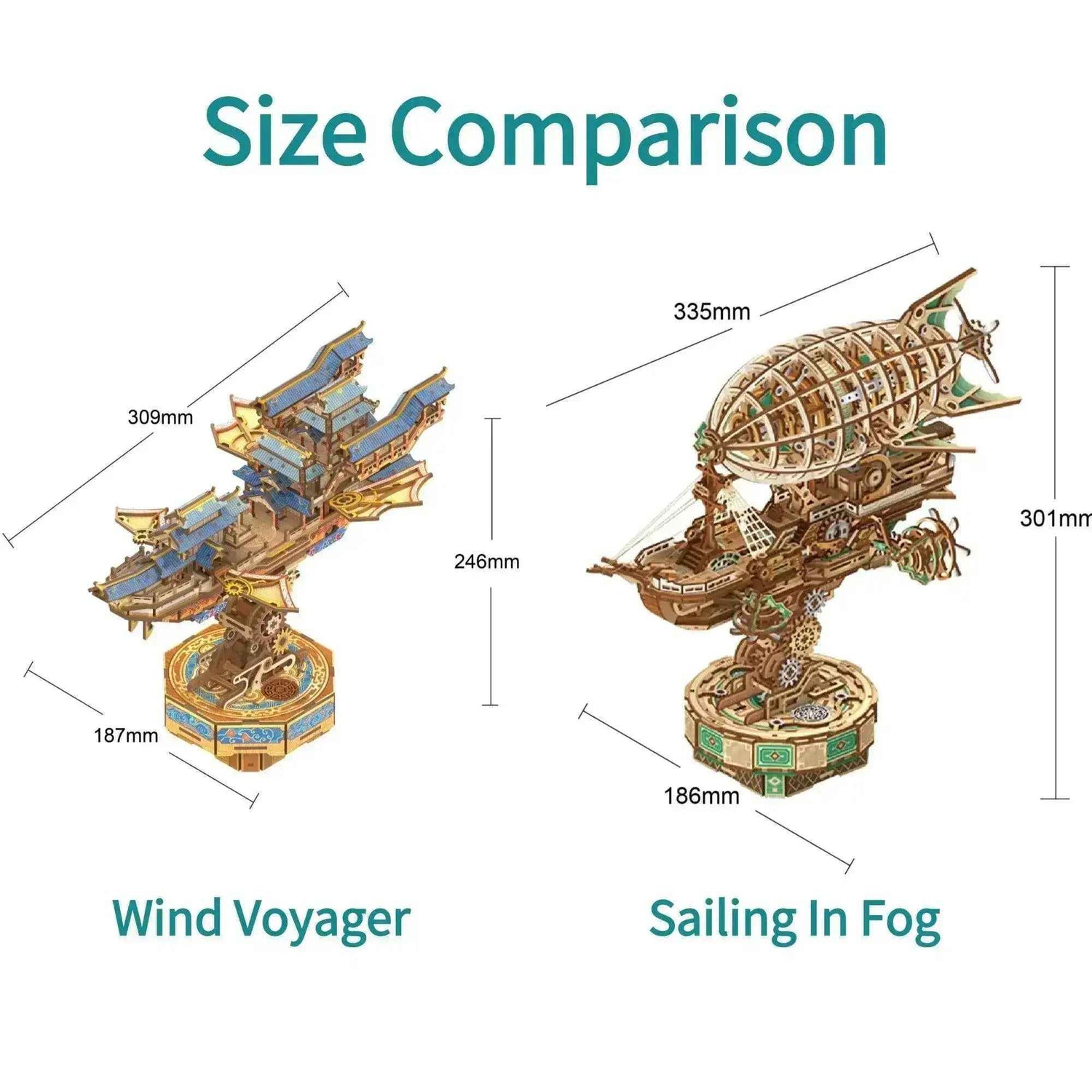 Size comparison of Wind Voyager and Sailing In Fog 3D wooden puzzle models with dimensions