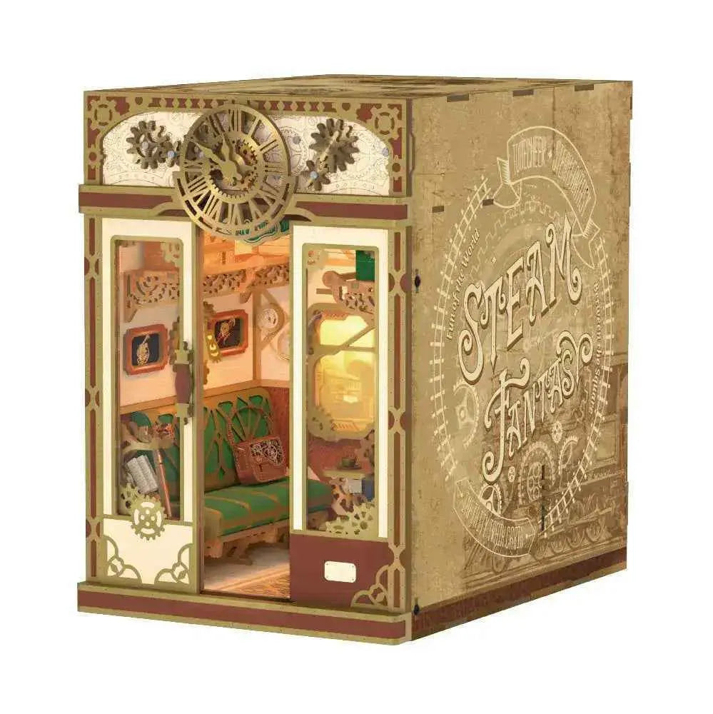 Steampunk-themed DIY 3D wooden puzzle book nook kit with intricate gears and warm interior lighting