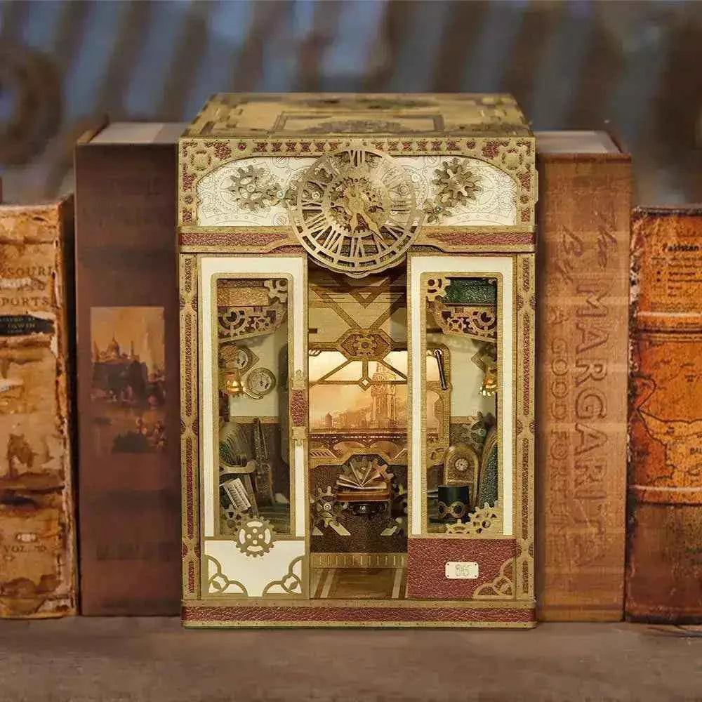 Steampunk-style 3D wooden puzzle book nook kit with intricate gears and vintage details
