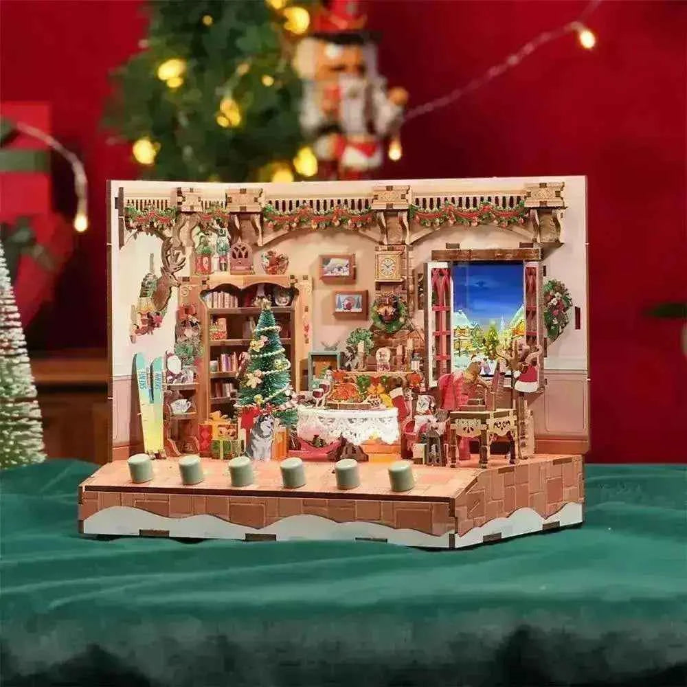 DIY 3D wooden puzzle book nook kit with Christmas scene, festive decor, and cozy interior details