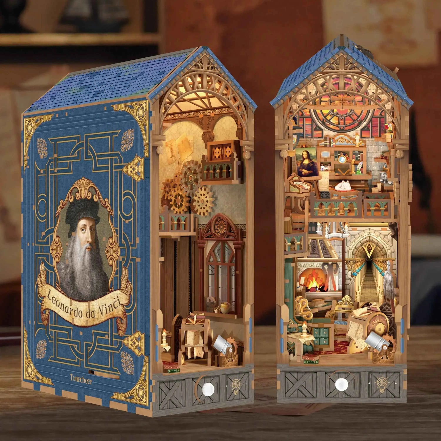 Leonardo da Vinci themed 3D wooden puzzle book nook kit with intricate interior details and blue roof