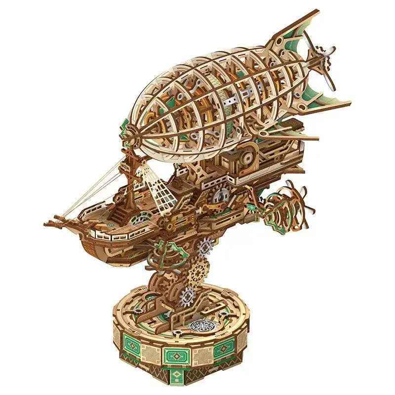 Steampunk wooden airship 3D puzzle with intricate gears and green accents, DIY mechanical model kit
