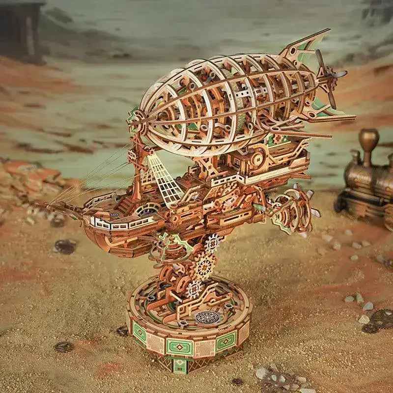 Steampunk wooden airship 3D puzzle with intricate gears and mechanical details, DIY assembly kit