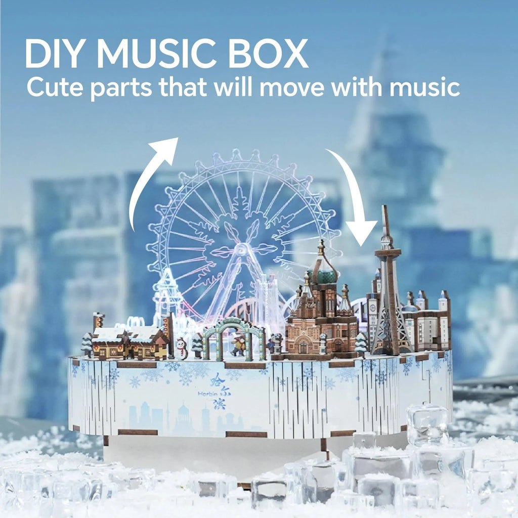 TONECHEER 3D Creative Musical Puzzle DIY Rotating Music Box Kit (Snow World) - Tonecheer