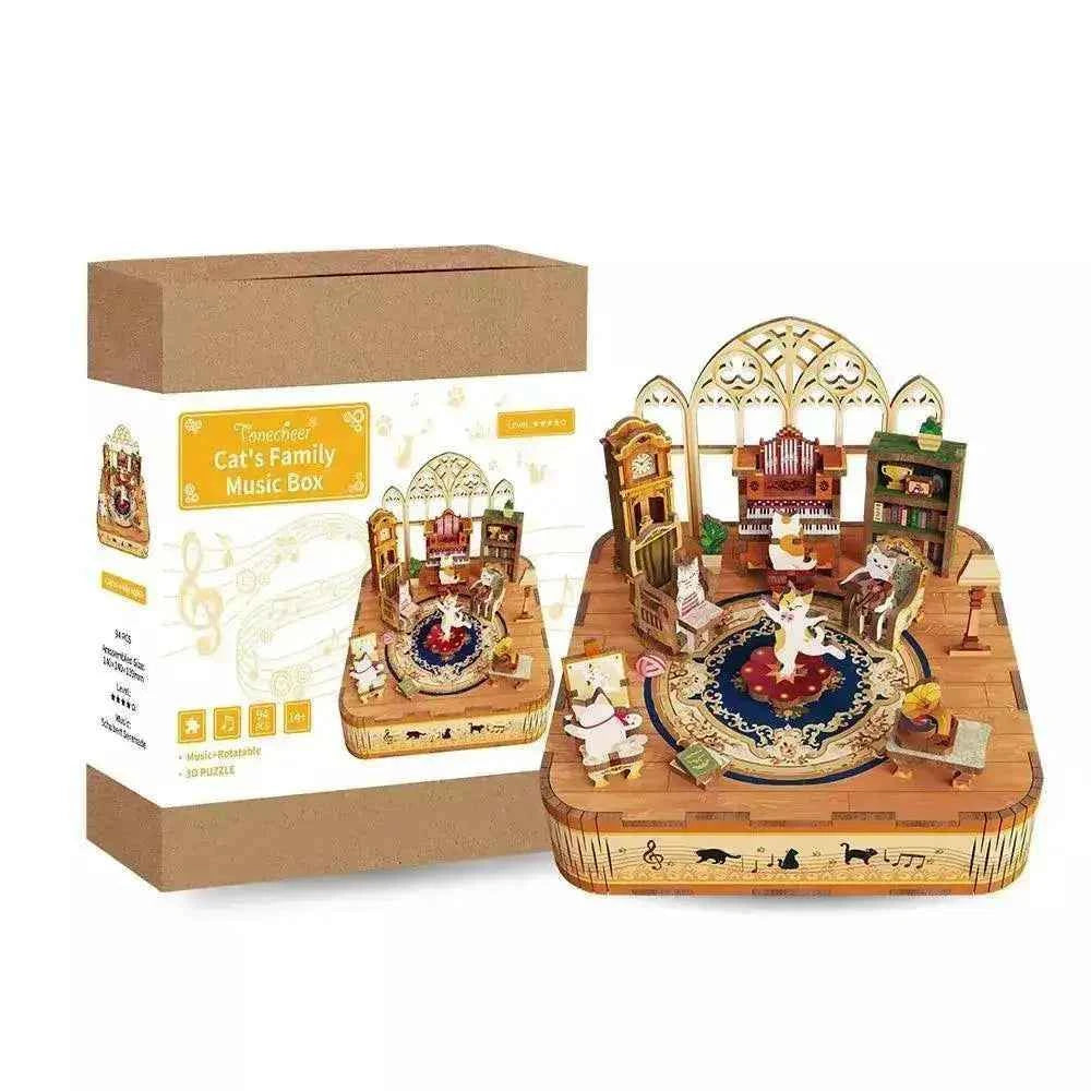 TONECHEER 3D Puzzle DIY Rotating Music Box Kit (Cat's family