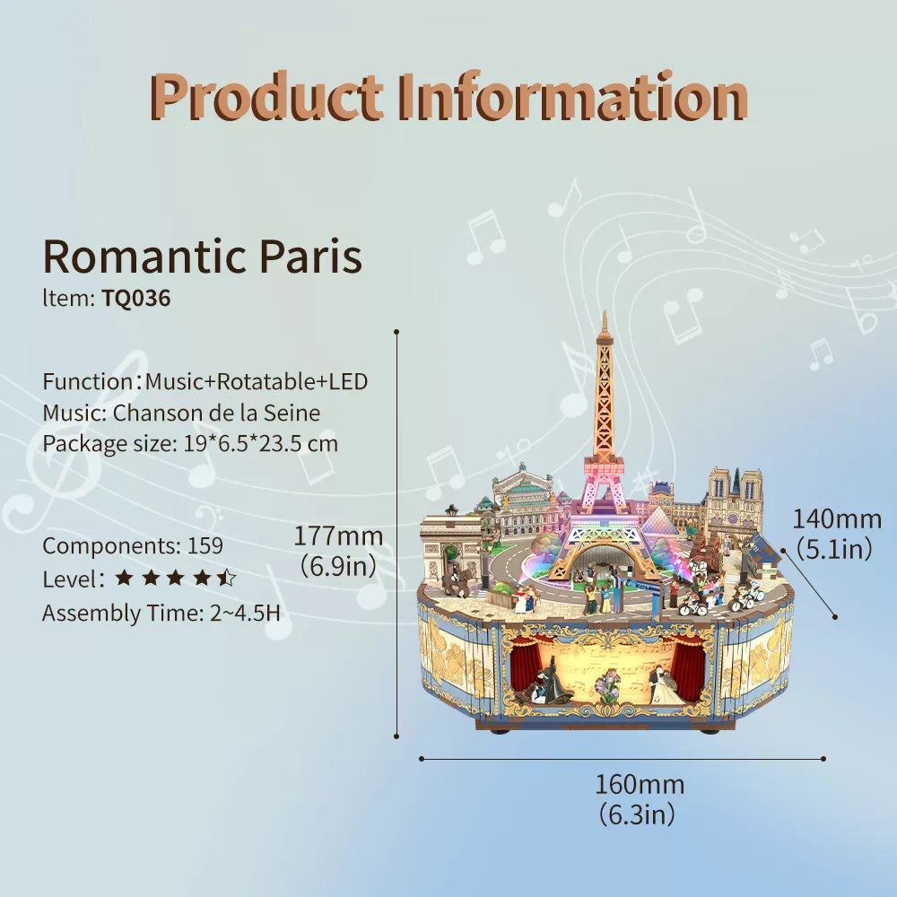 TONECHEER 3D Creative Musical Puzzle DIY Rotating Music Box Kit (Romantic Paris) - Tonecheer