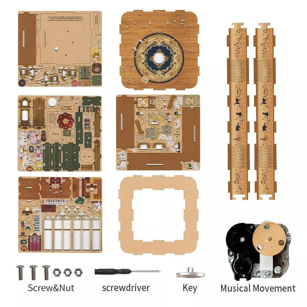 TONECHEER 3D Creative Musical Puzzle DIY Rotating Music Box Kit (Cat‘s family) - Tonecheer