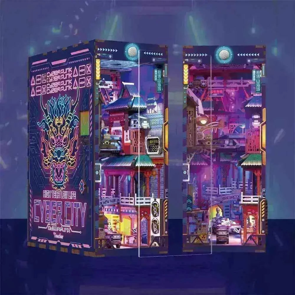 Cyberpunk 3D wooden puzzle kit with neon-lit cityscape, dragon art, and glowing details for DIY assembly