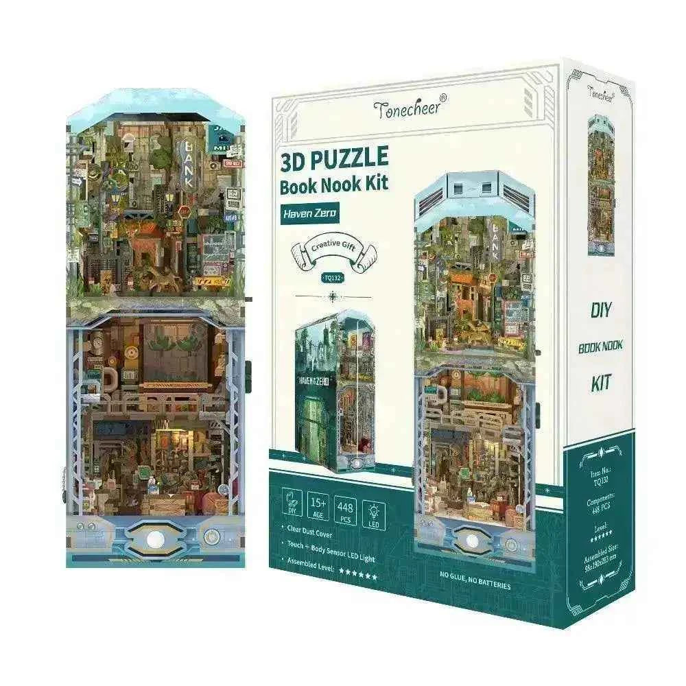 DIY 3D wooden puzzle book nook kit with LED light, detailed cityscape design, no glue or batteries needed