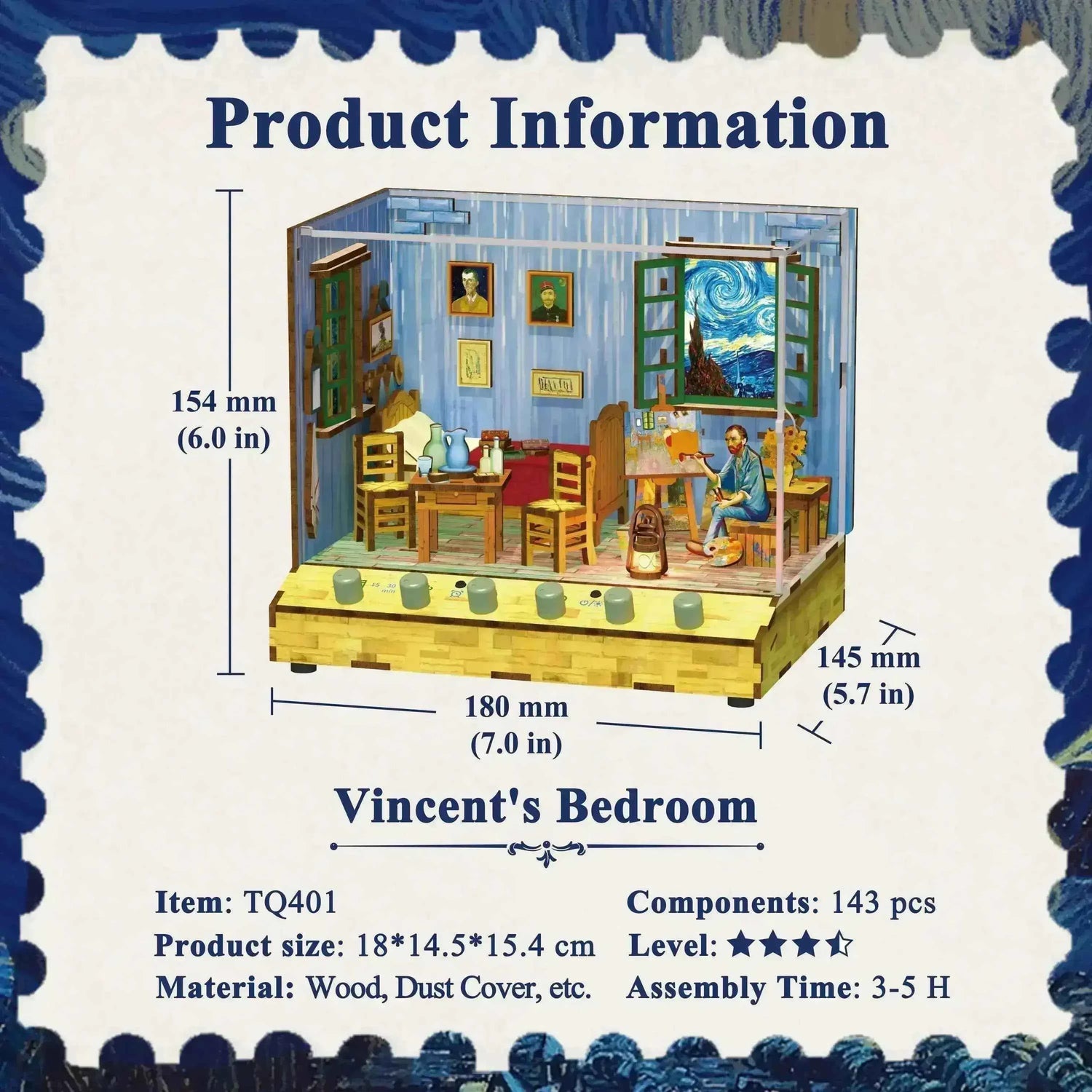 Vincent's Bedroom DIY 3D wooden puzzle kit with detailed interior, 143 pieces, 3-5 hour assembly