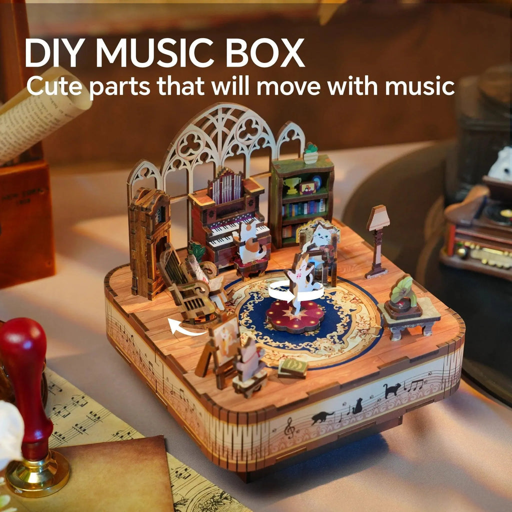 TONECHEER 3D Creative Musical Puzzle DIY Rotating Music Box Kit (Cat‘s family) - Tonecheer