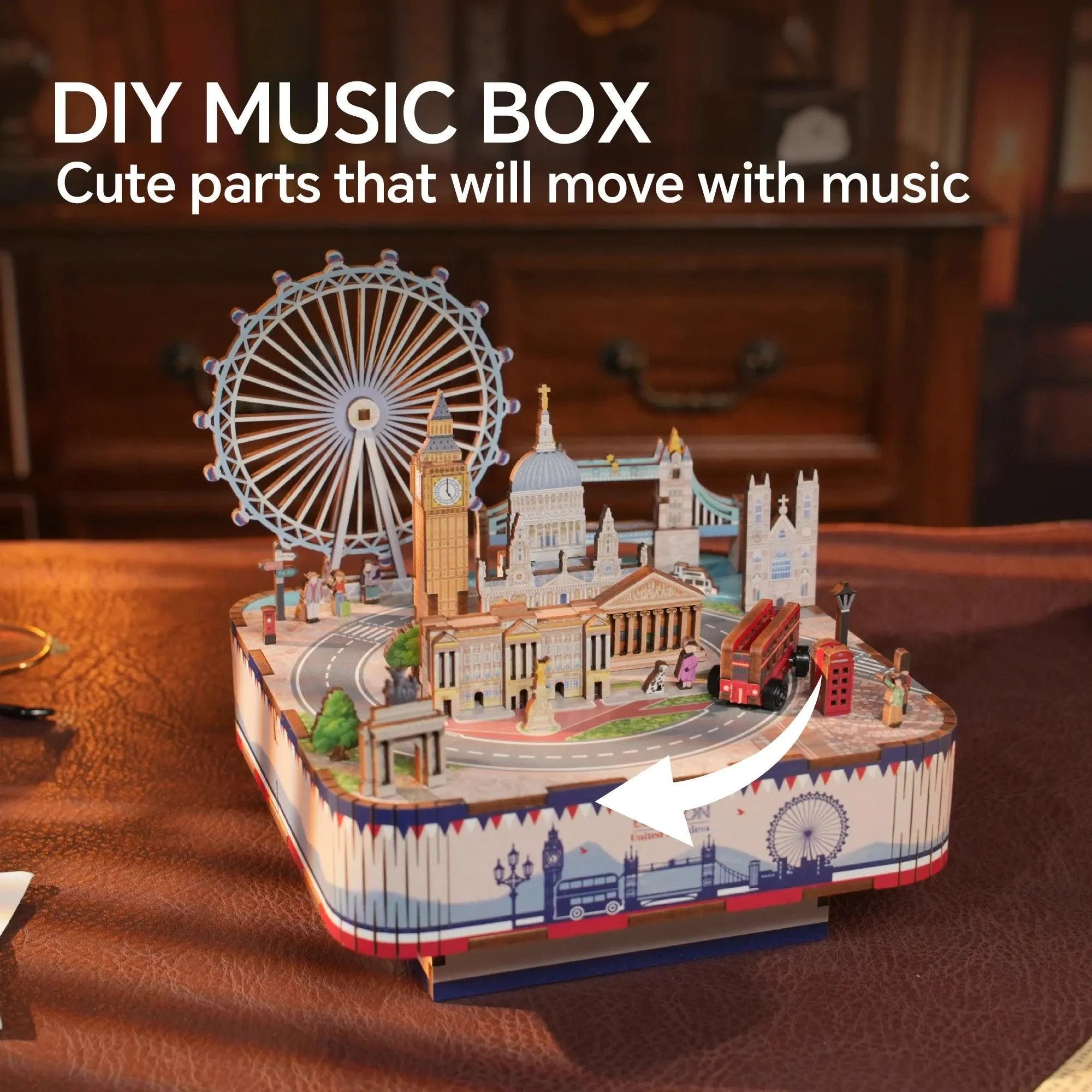 Beautiful Handmade Wooden London Landmarks Music Box Working Condition store