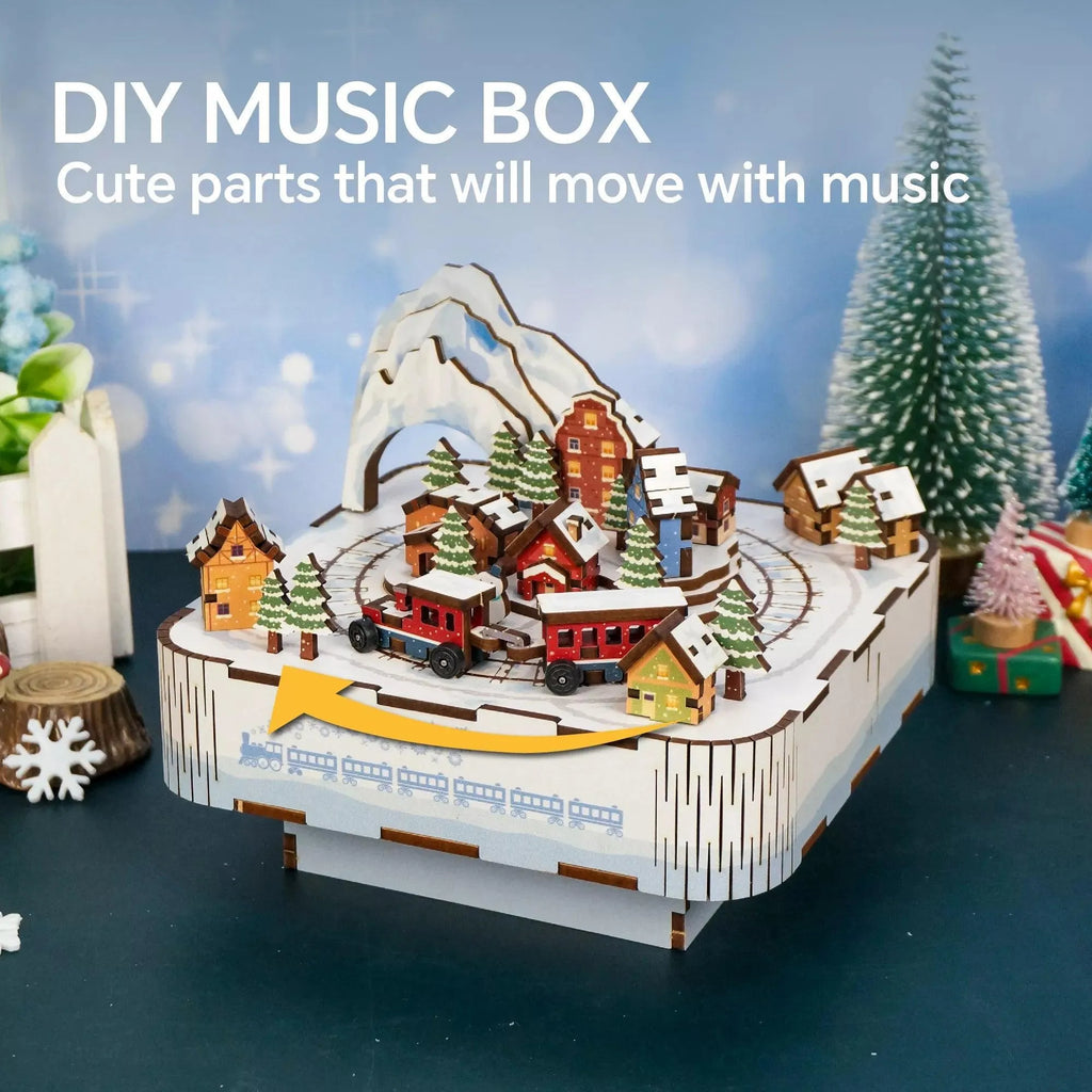 TONECHEER 3D Creative Musical Puzzle DIY Rotating Music Box Kit (Snow Train) - Tonecheer