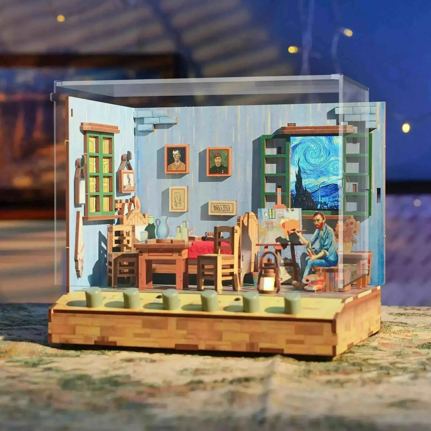 DIY 3D wooden puzzle book nook kit featuring Van Gogh’s studio with Starry Night art, furniture, and painter figure