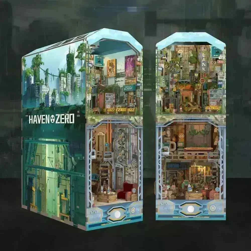 Haven Zero 3D wooden puzzle book nook kit with detailed cityscape and interior scenes