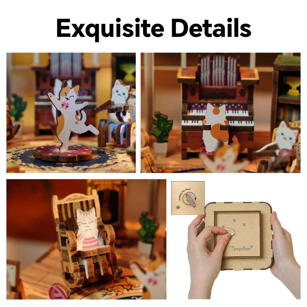 TONECHEER 3D Creative Musical Puzzle DIY Rotating Music Box Kit (Cat‘s family) - Tonecheer