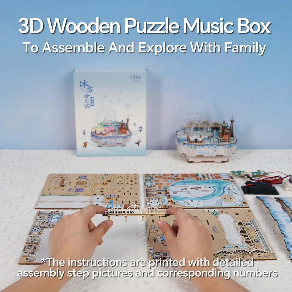 TONECHEER 3D Creative Musical Puzzle DIY Rotating Music Box Kit (Snow World) - Tonecheer