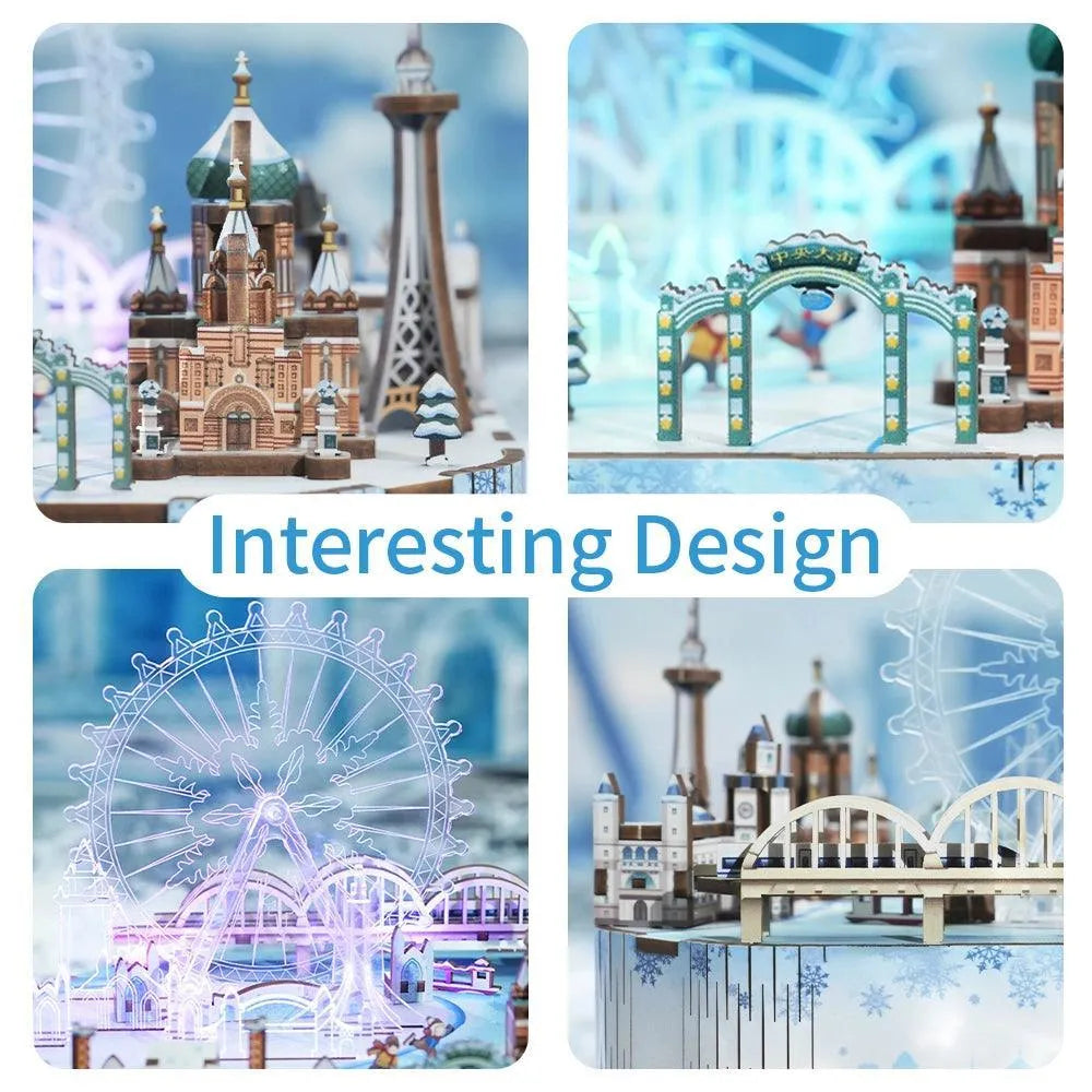TONECHEER 3D Creative Musical Puzzle DIY Rotating Music Box Kit (Snow World) - Tonecheer