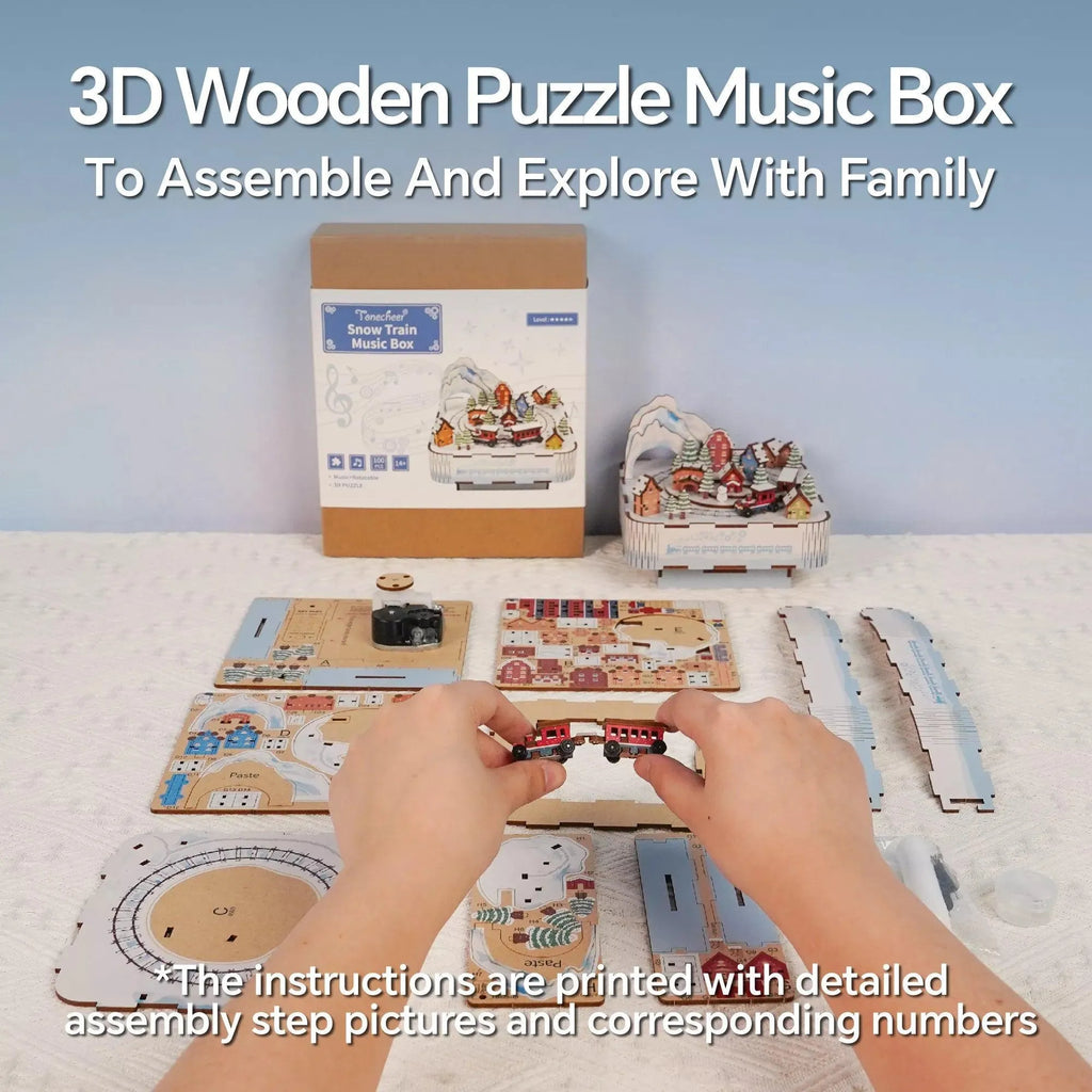 TONECHEER 3D Creative Musical Puzzle DIY Rotating Music Box Kit (Snow Train) - Tonecheer