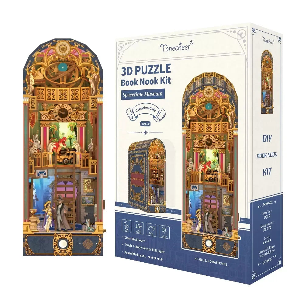 DIY 3D wooden puzzle book nook kit with LED light, Spacetime Museum design, no glue or batteries needed