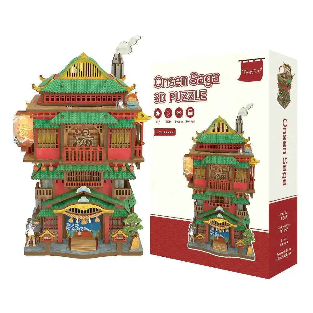 Onsen Saga 3D wooden puzzle kit with LED lights, Japanese bathhouse design, DIY assembly